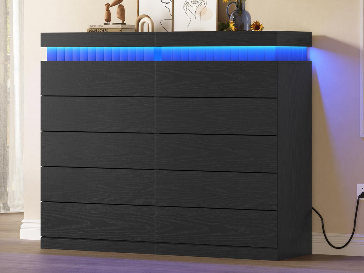 Black 6 Drawer Wood Dresser with LED Light and Power Outlet M712532