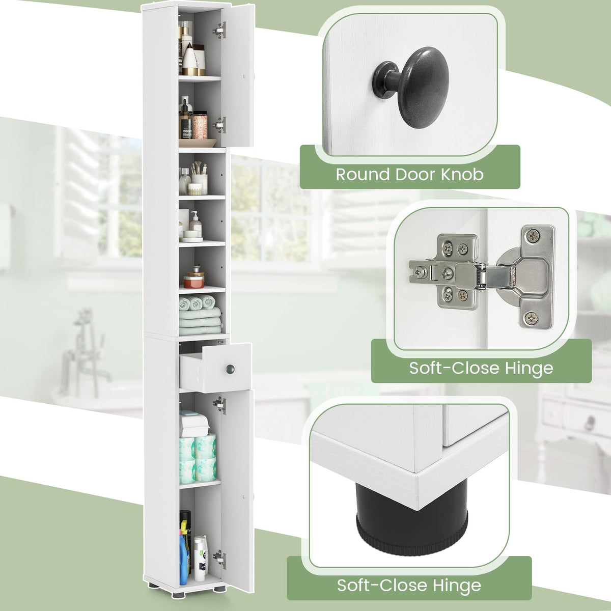 White Tall Slim Bathroom Storage Cabinet with 2 Doors 1 Drawer O533
