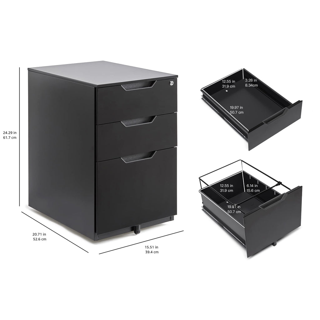 3-Drawer Black Mobile File Cabinet with Lock P9840