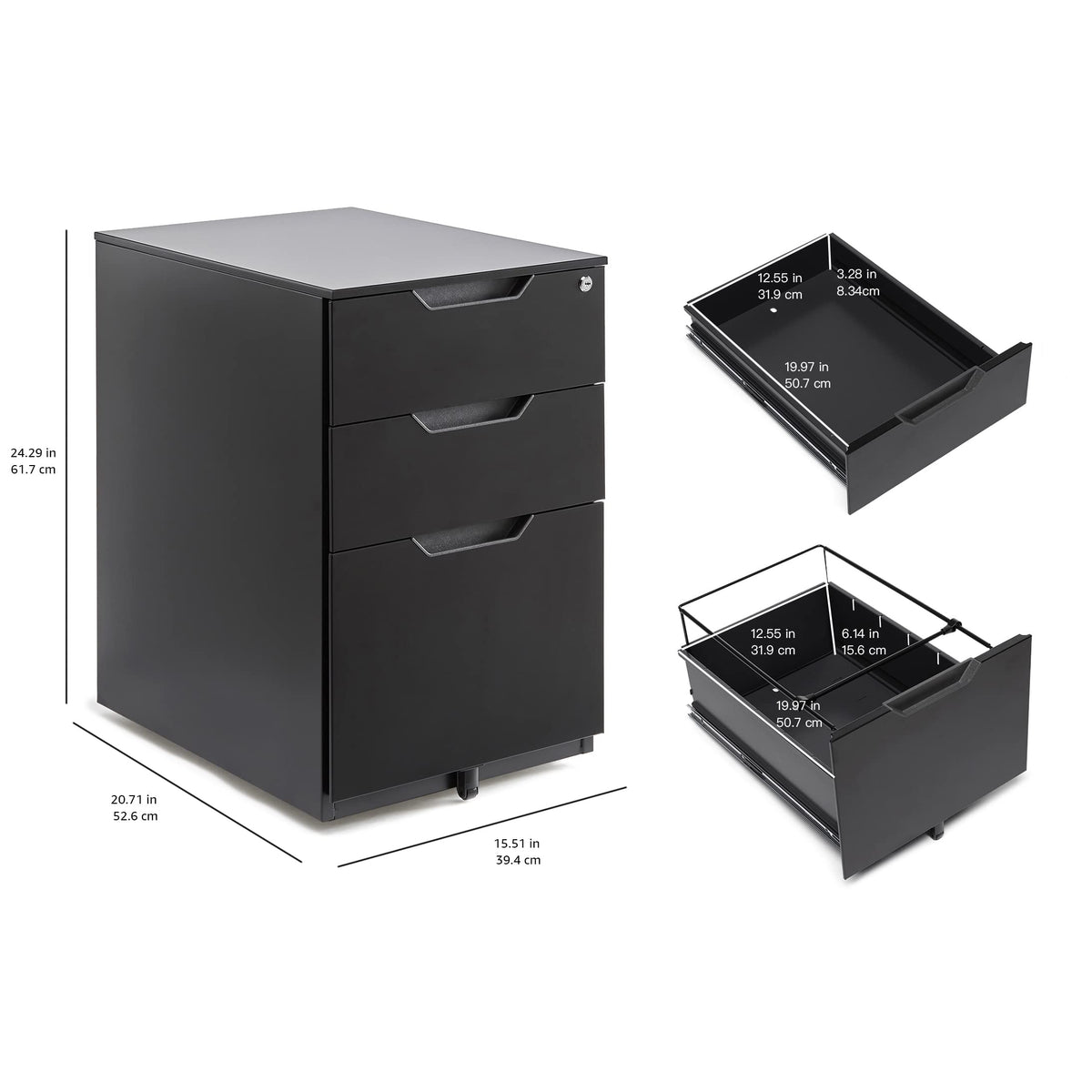 3-Drawer Black Mobile File Cabinet with Lock P9840