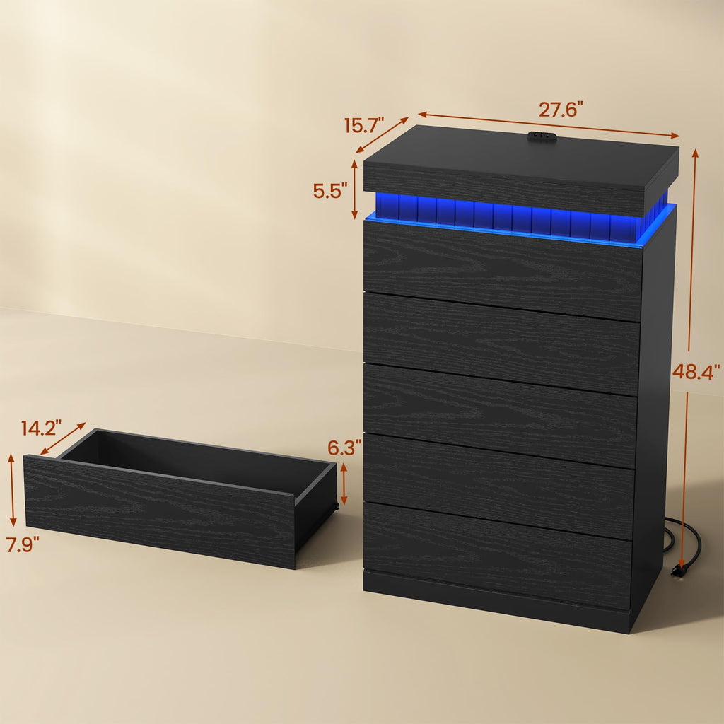 Black 6 Drawer Wood Dresser with LED Light and Power Outlet M712532