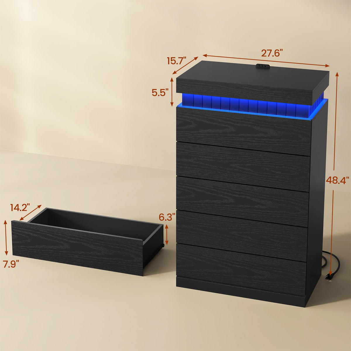 Black 6 Drawer Wood Dresser with LED Light and Power Outlet M712532