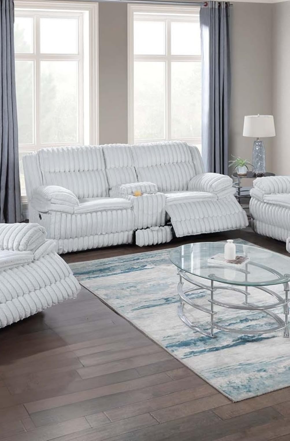 Light Gray Corduroy Reclining Loveseat with Console Drawer I62982