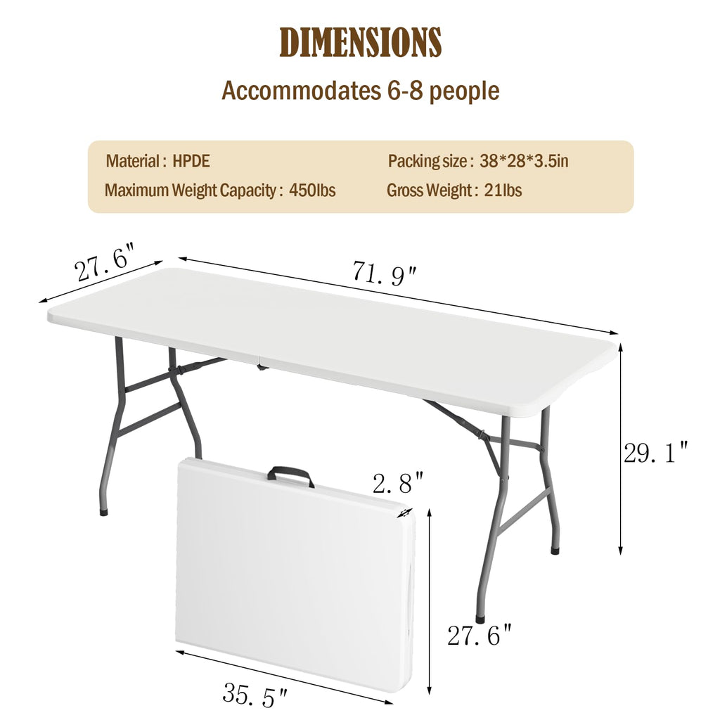 6FT White Folding Picnic Table with Carrying Handle Z232