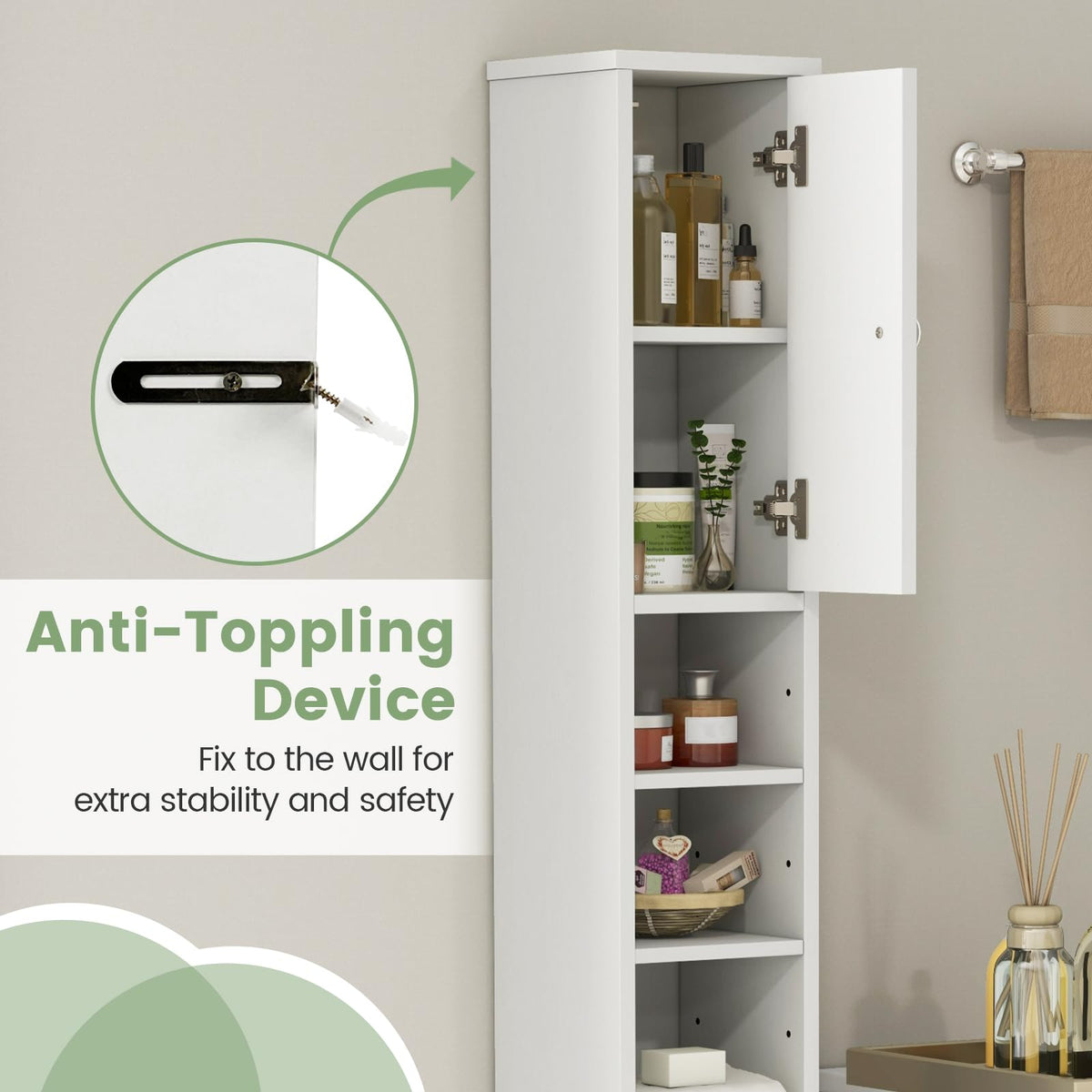 White Tall Slim Bathroom Storage Cabinet with 2 Doors 1 Drawer O533