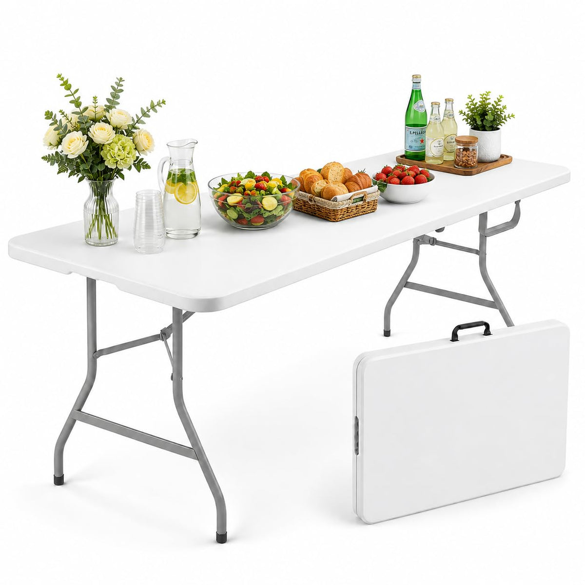6FT White Folding Plastic Utility Table with Carrying Handle N60067