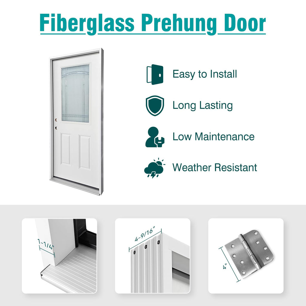 White Fiberglass Prehung 36" x 80" Entry Door H7793