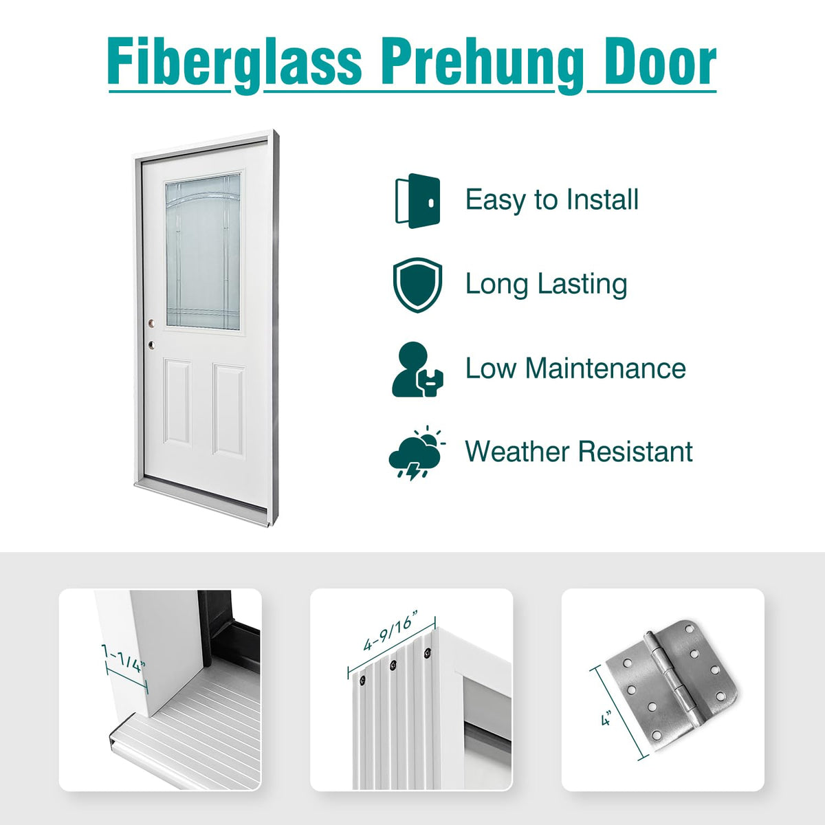 White Fiberglass Prehung 36" x 80" Entry Door H7793
