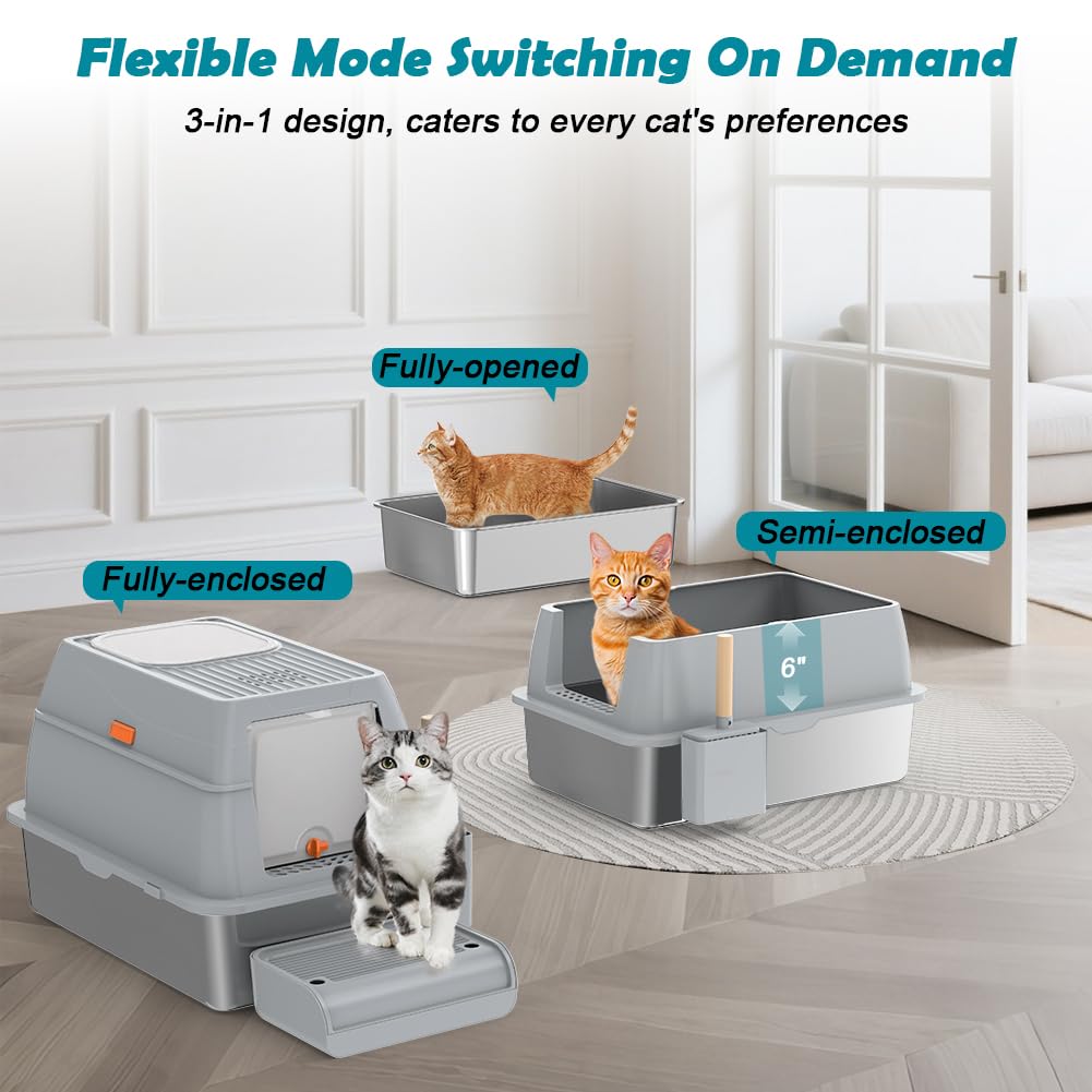 XL Stainless Steel Litter Box with Lid J356