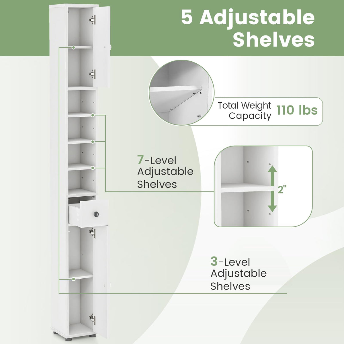 White Tall Slim Bathroom Storage Cabinet with 2 Doors 1 Drawer O533