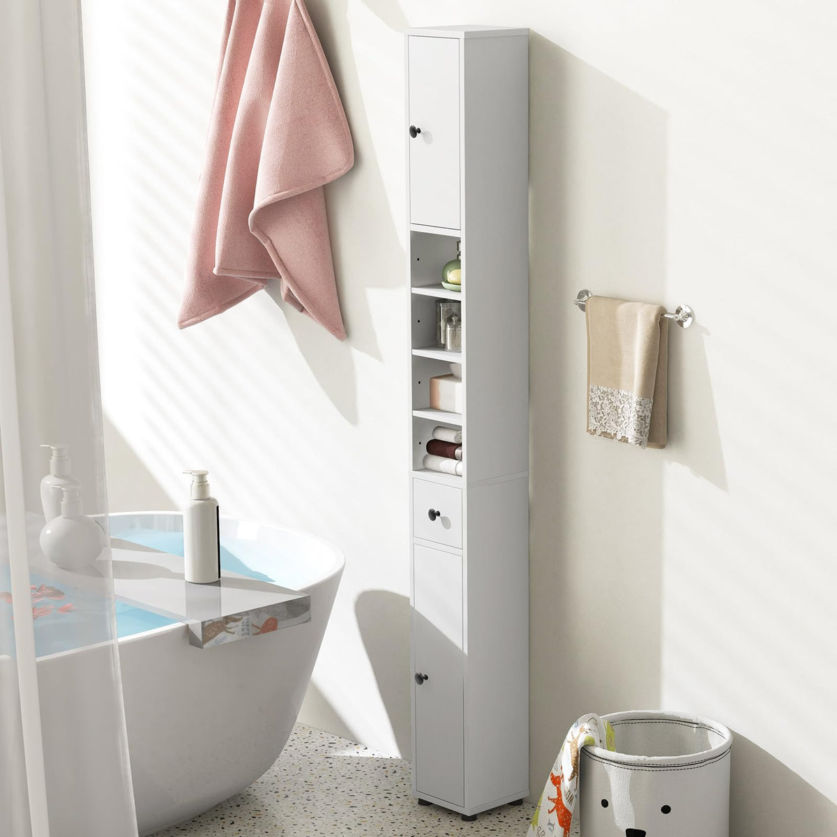 White Tall Slim Bathroom Storage Cabinet with 2 Doors 1 Drawer O533