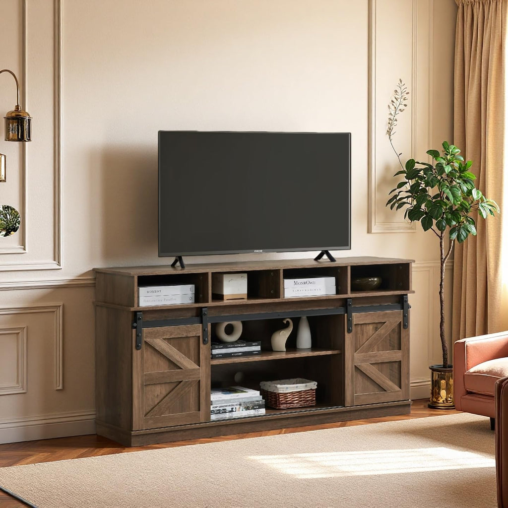 Brown TV Stand with Storage Cabinets & Sliding Barn Doors I955201