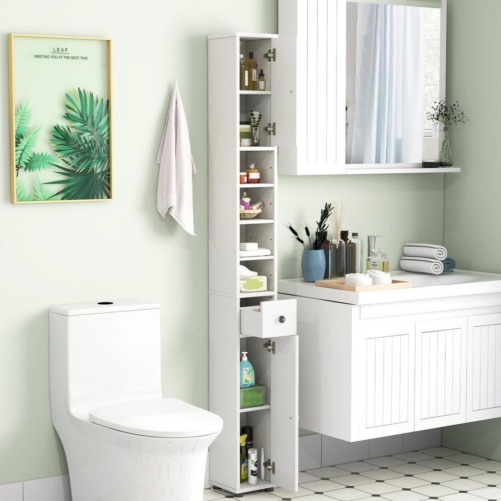 White Tall Slim Bathroom Storage Cabinet with 2 Doors 1 Drawer O533