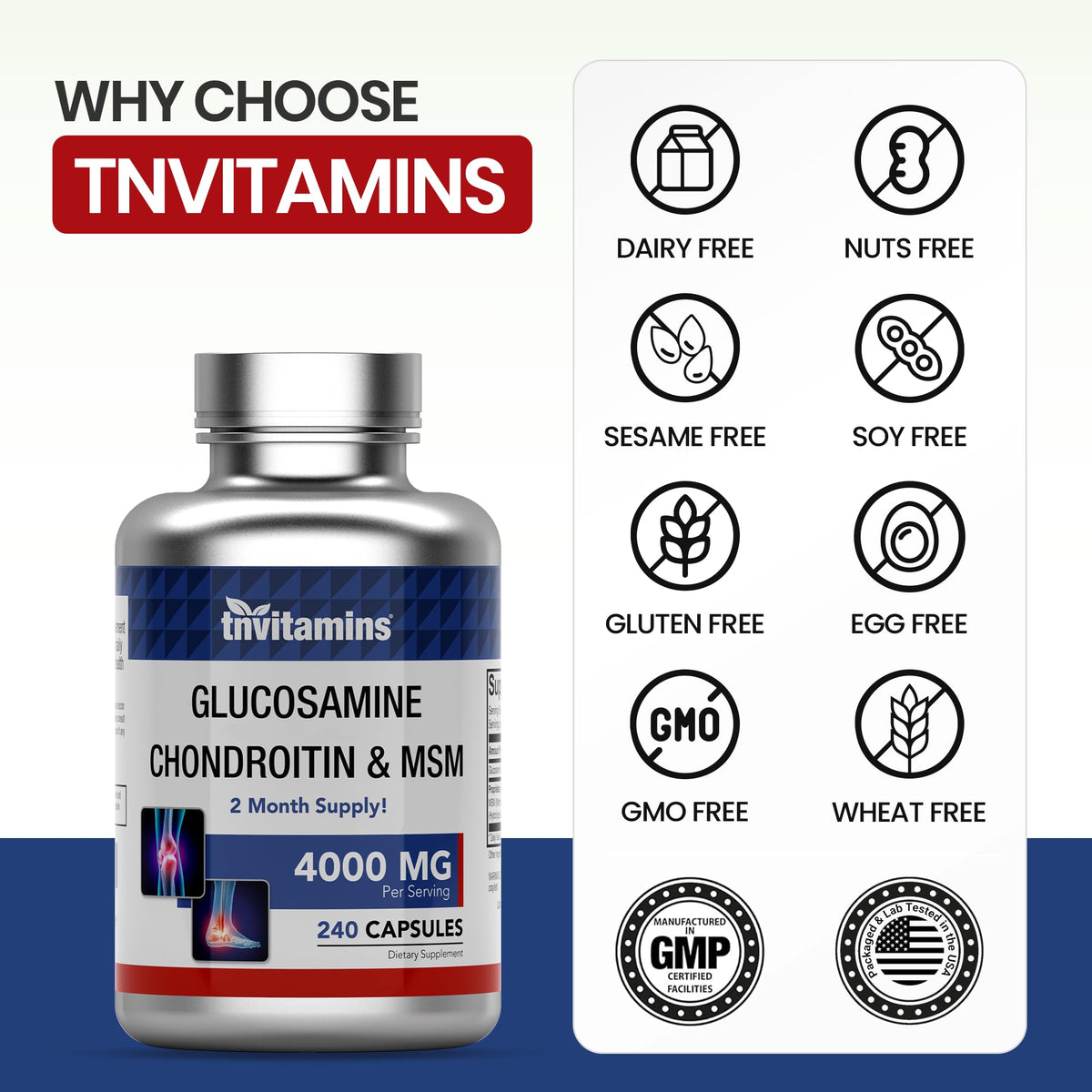 Glucosamine Chondroitin MSM 240 Capsules 4,000 mg Joint Support Supplement H7878
