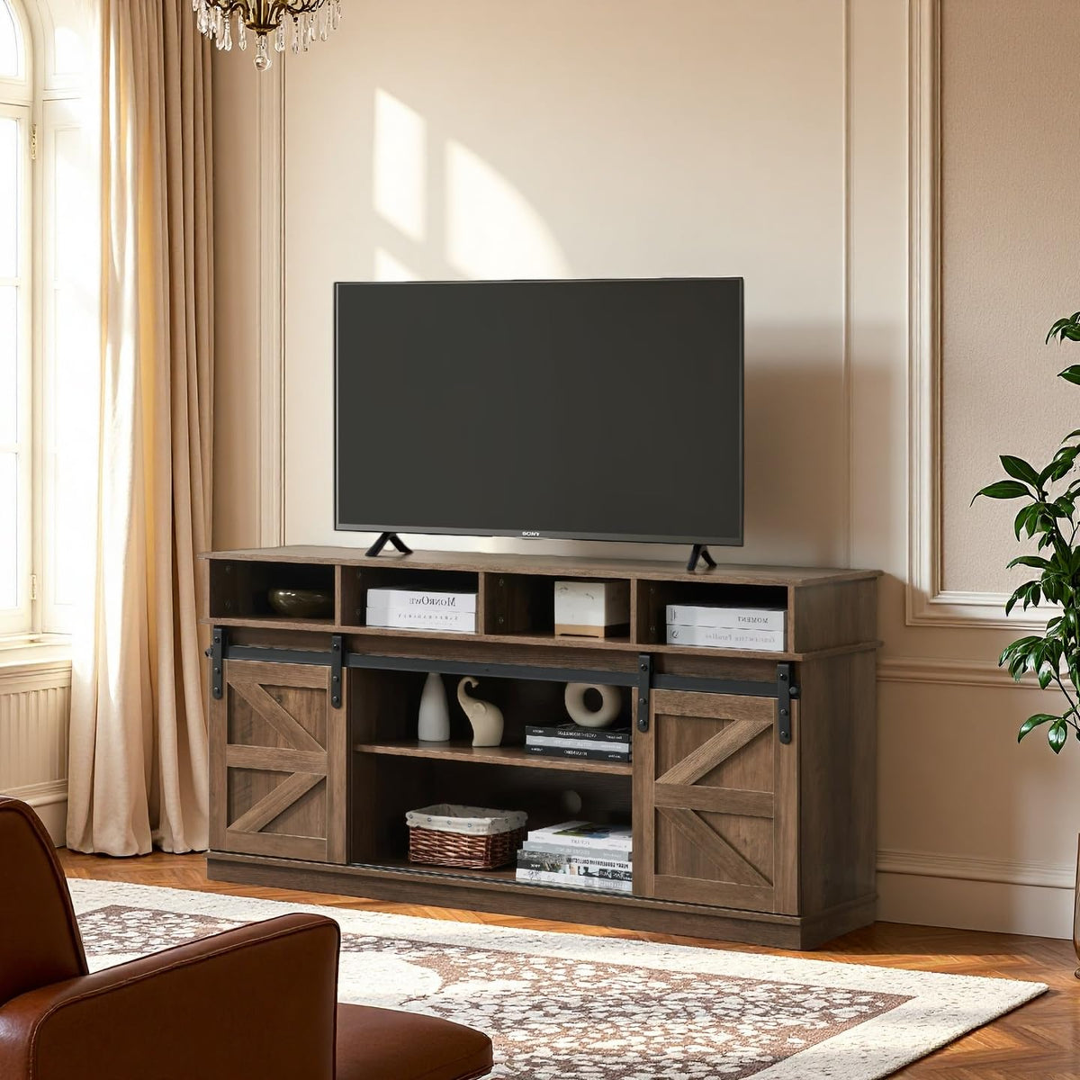 Brown TV Stand with Storage Cabinets & Sliding Barn Doors I955201