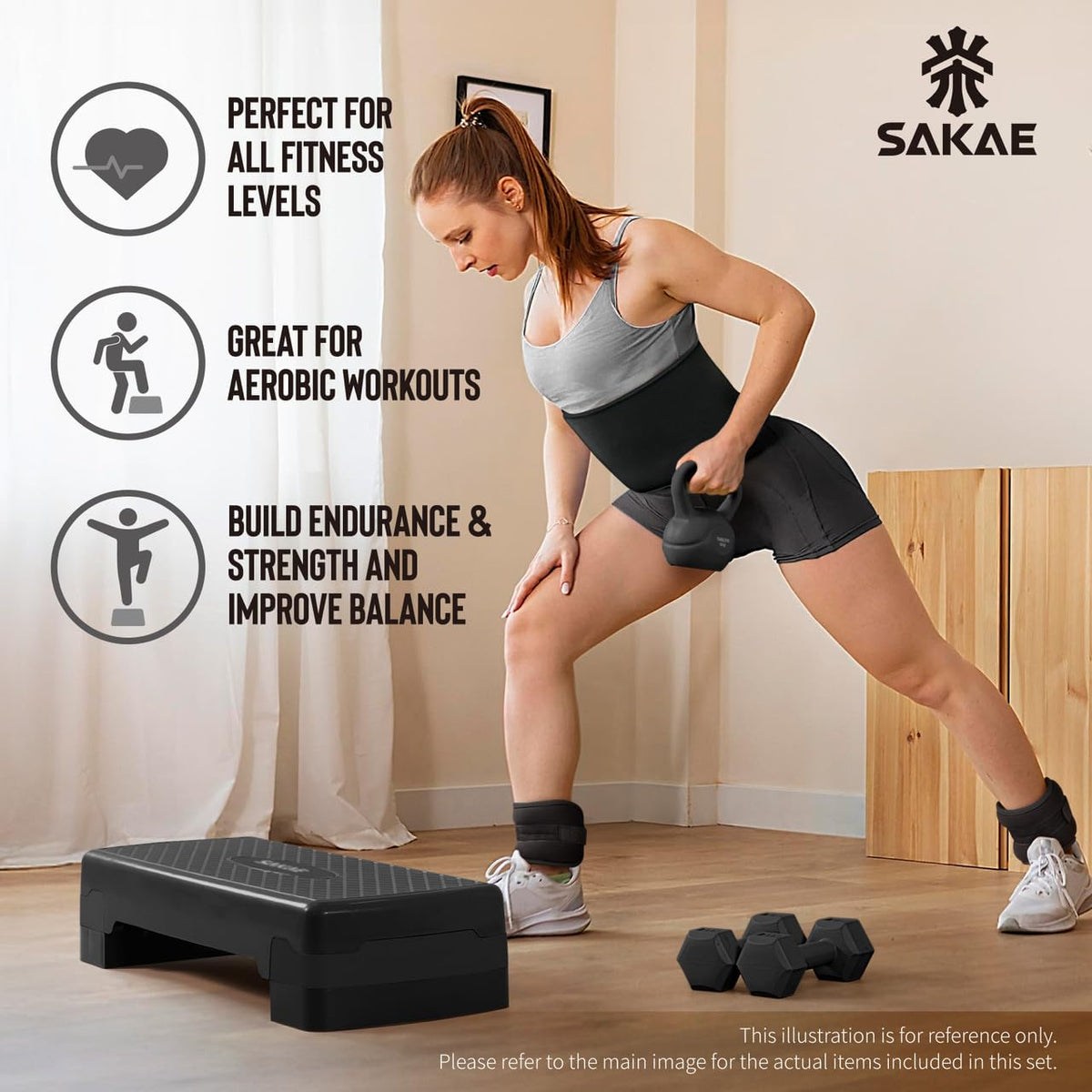 Adjustable Aerobic Stepper Kit with Dumbbells & Kettlebell & Weightlifting Belt & Measuring Tape O801425