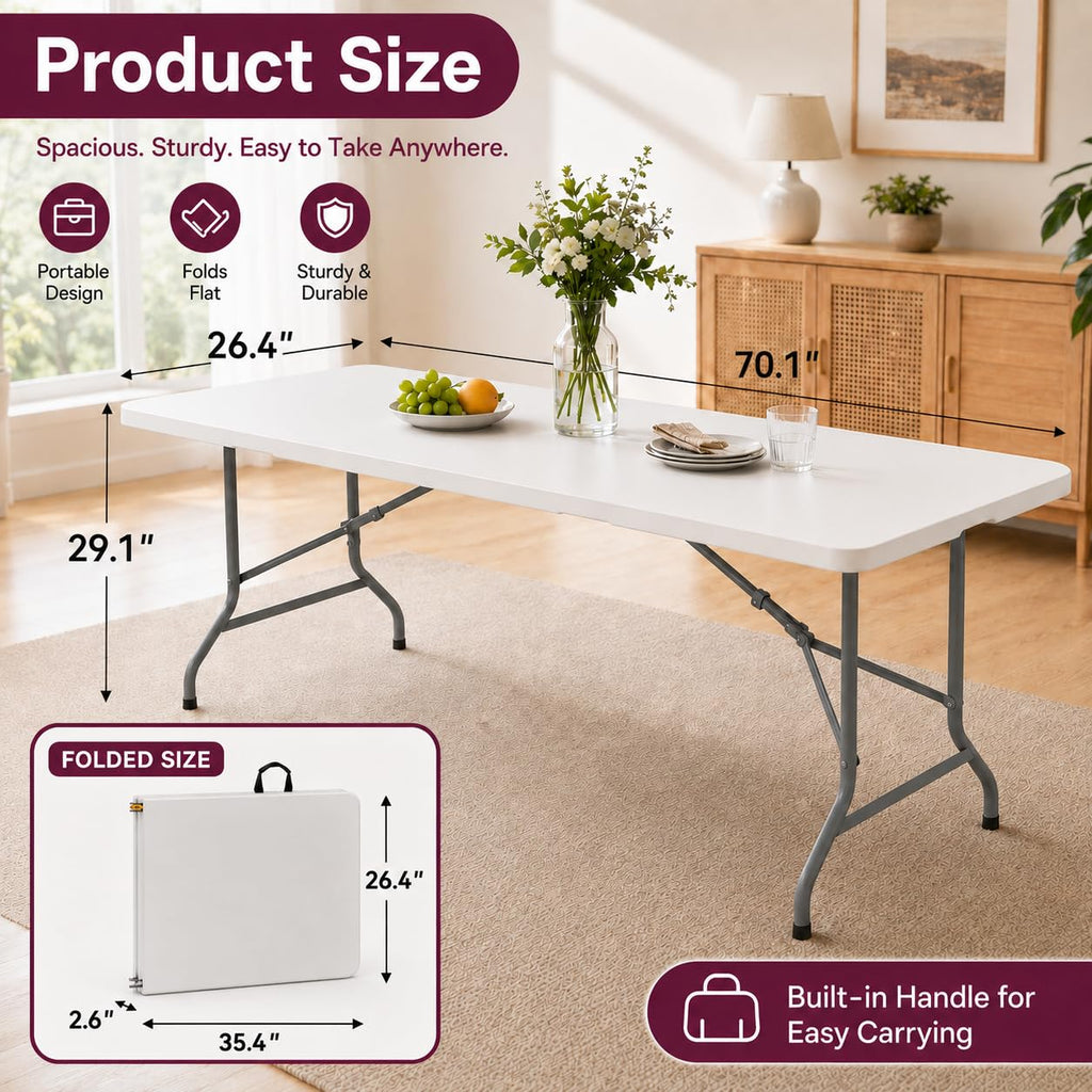 6FT White Folding Plastic Utility Table with Carrying Handle N60067