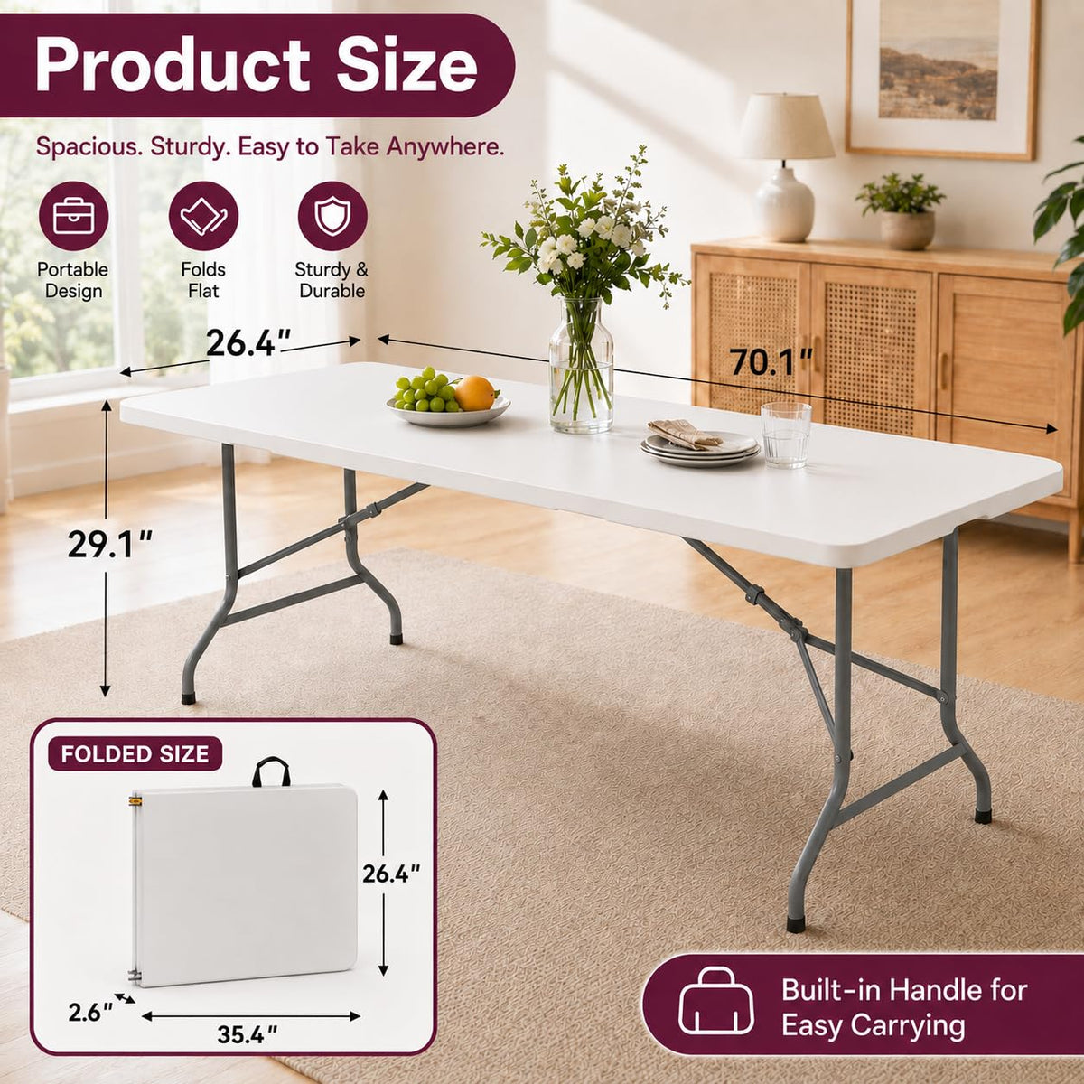 6FT White Folding Plastic Utility Table with Carrying Handle N60067