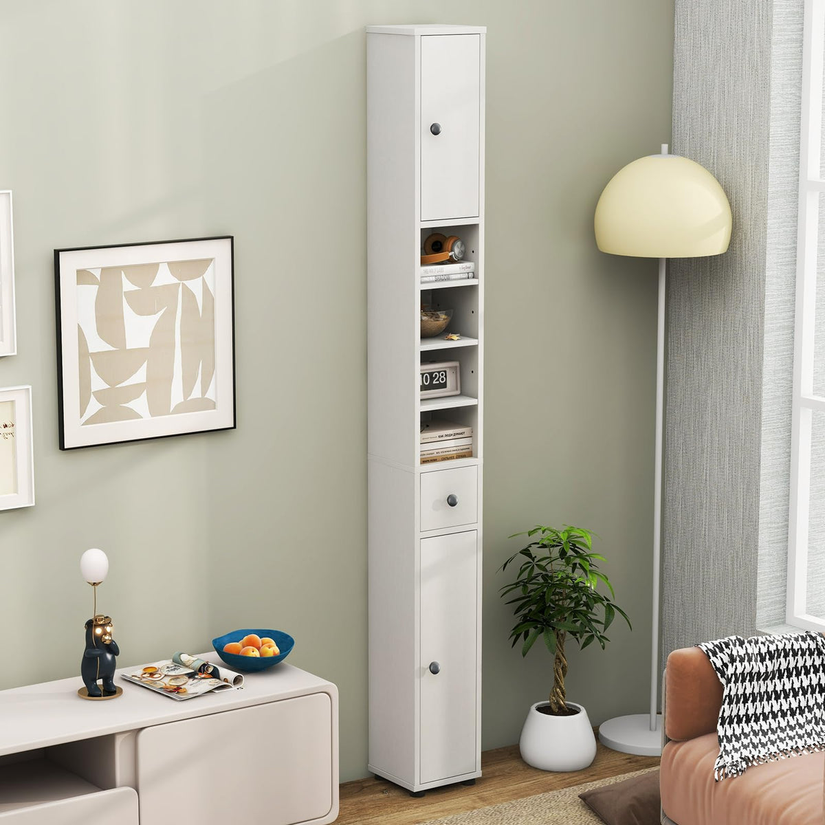 White Tall Slim Bathroom Storage Cabinet with 2 Doors 1 Drawer O533