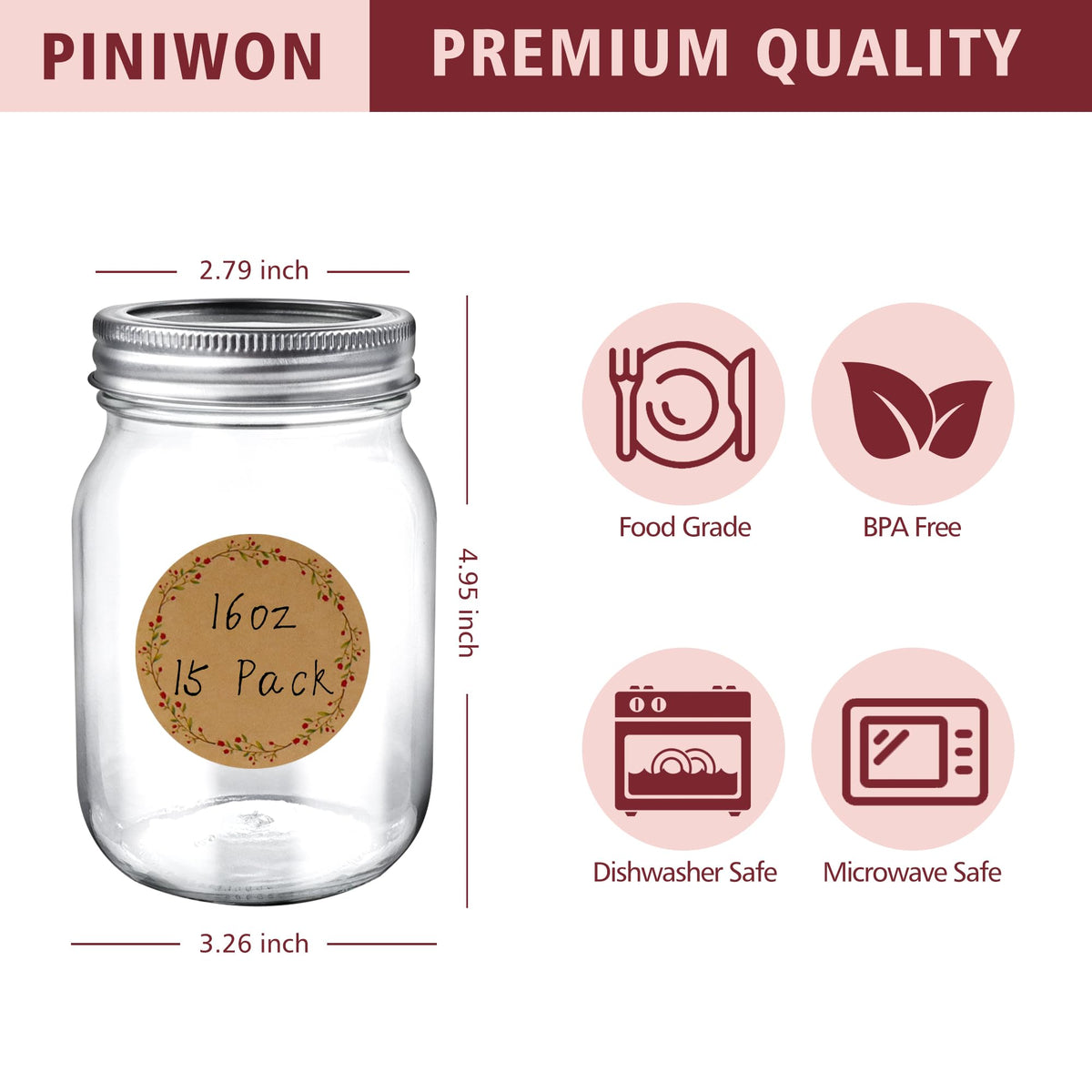 16 oz Mason Jars with Lids and Bands, 15 Pack Y931593