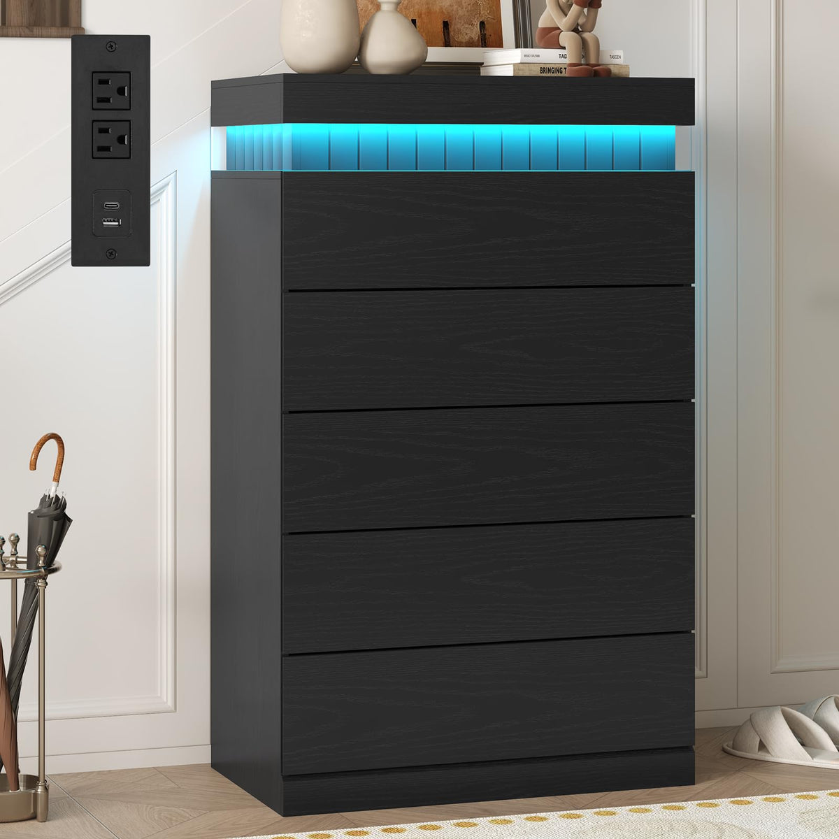 Black 6 Drawer Wood Dresser with LED Light and Power Outlet M712532