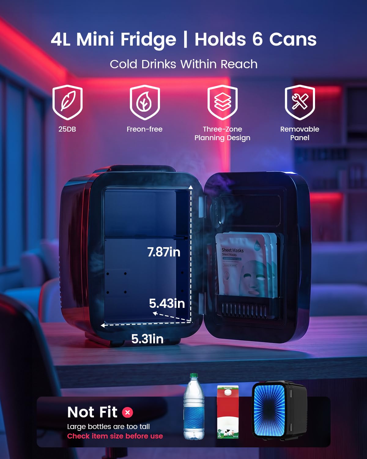 4L/6 Can Compact Fridge with LED Mirror Light U726094