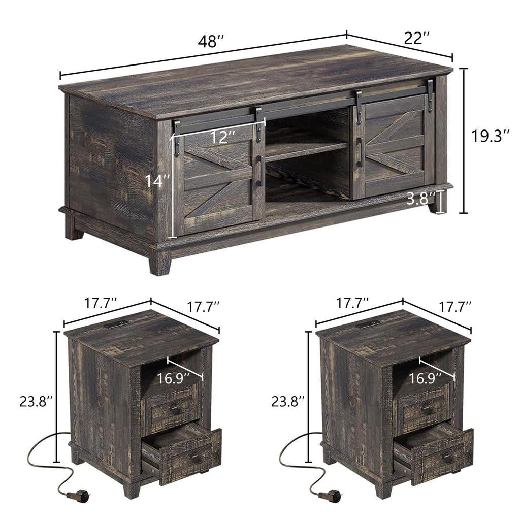 4 Piece Farmhouse Living Room Table Set with TV Stand Coffee Table and End Tables Q5263