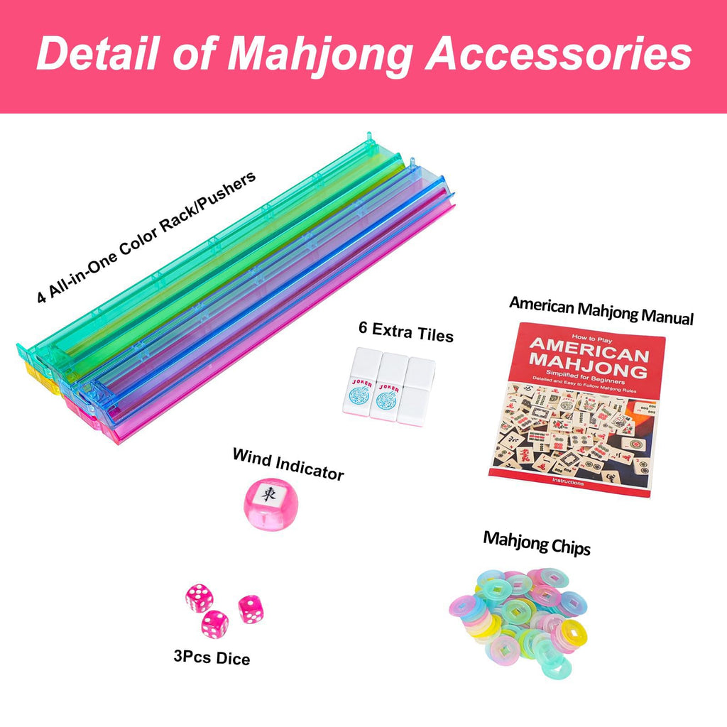 American Mahjong Game Set, 166 Pink Tiles, 4 All-in-One Color Rack/Pushers & Drawstring Bag P2352