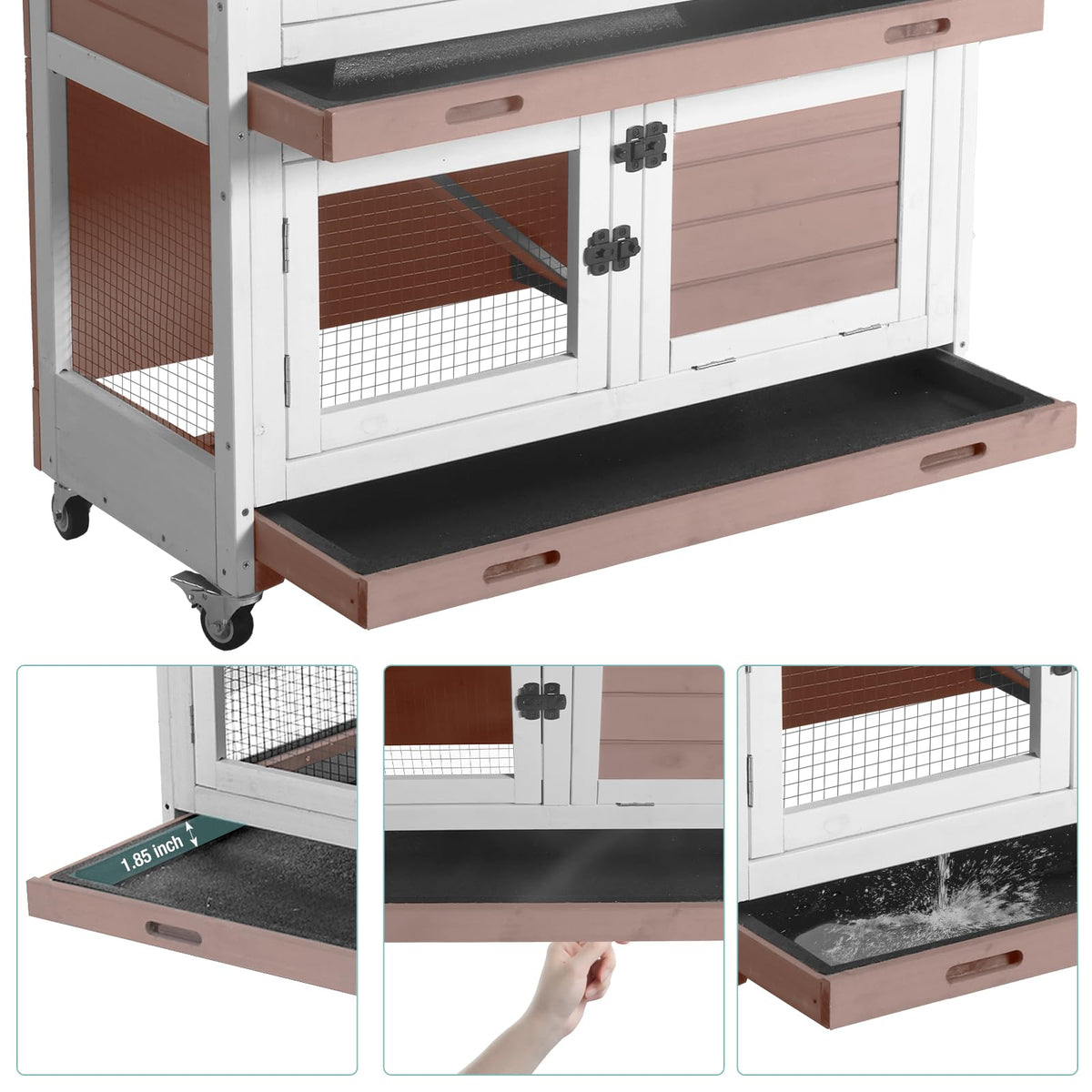 2-Tier Wooden Rabbit Hutch with Trays Wheels 36 Inch O984471
