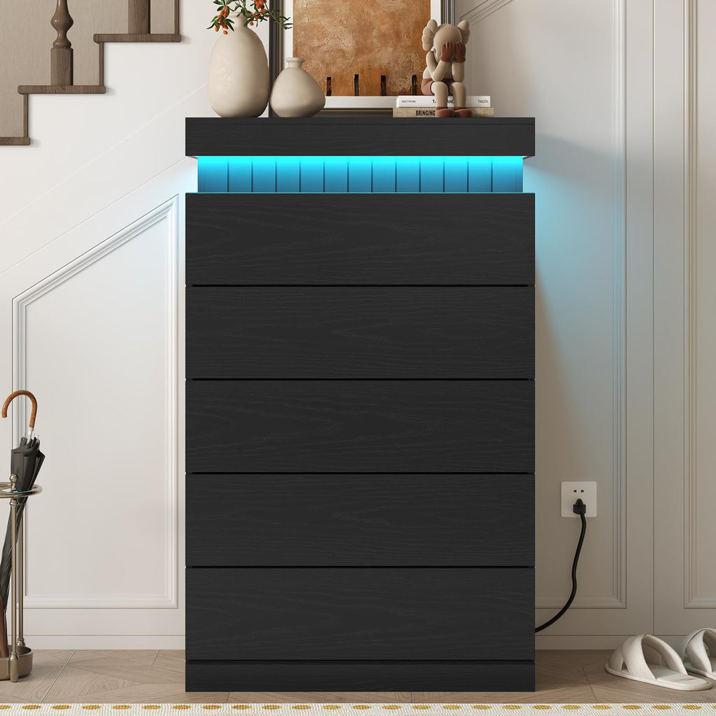 Black 6 Drawer Wood Dresser with LED Light and Power Outlet M712532