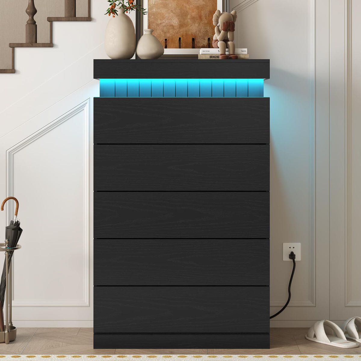 Black 6 Drawer Wood Dresser with LED Light and Power Outlet M712532