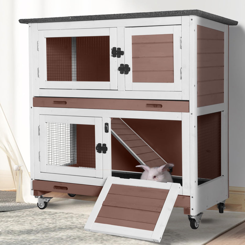 2-Tier Wooden Rabbit Hutch with Trays Wheels 36 Inch O984471