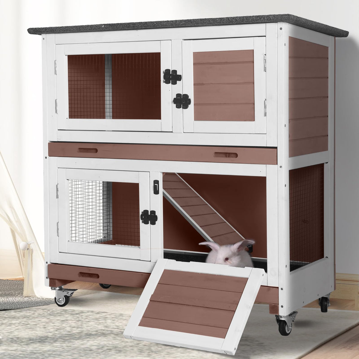 2-Tier Wooden Rabbit Hutch with Trays Wheels 36 Inch O984471