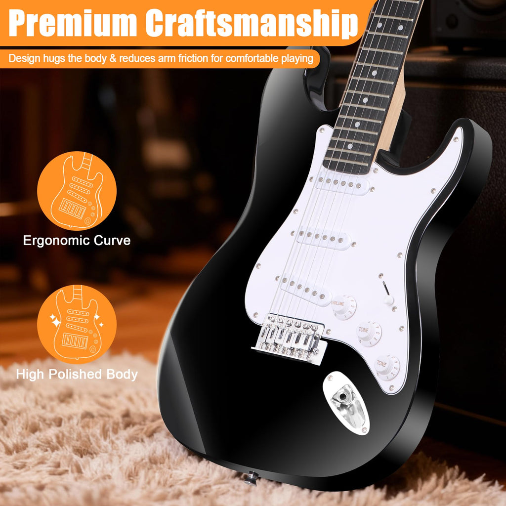 39in Full Size Electric Guitar with 10W Amp, Case and Accessories Pack, Black C3320
