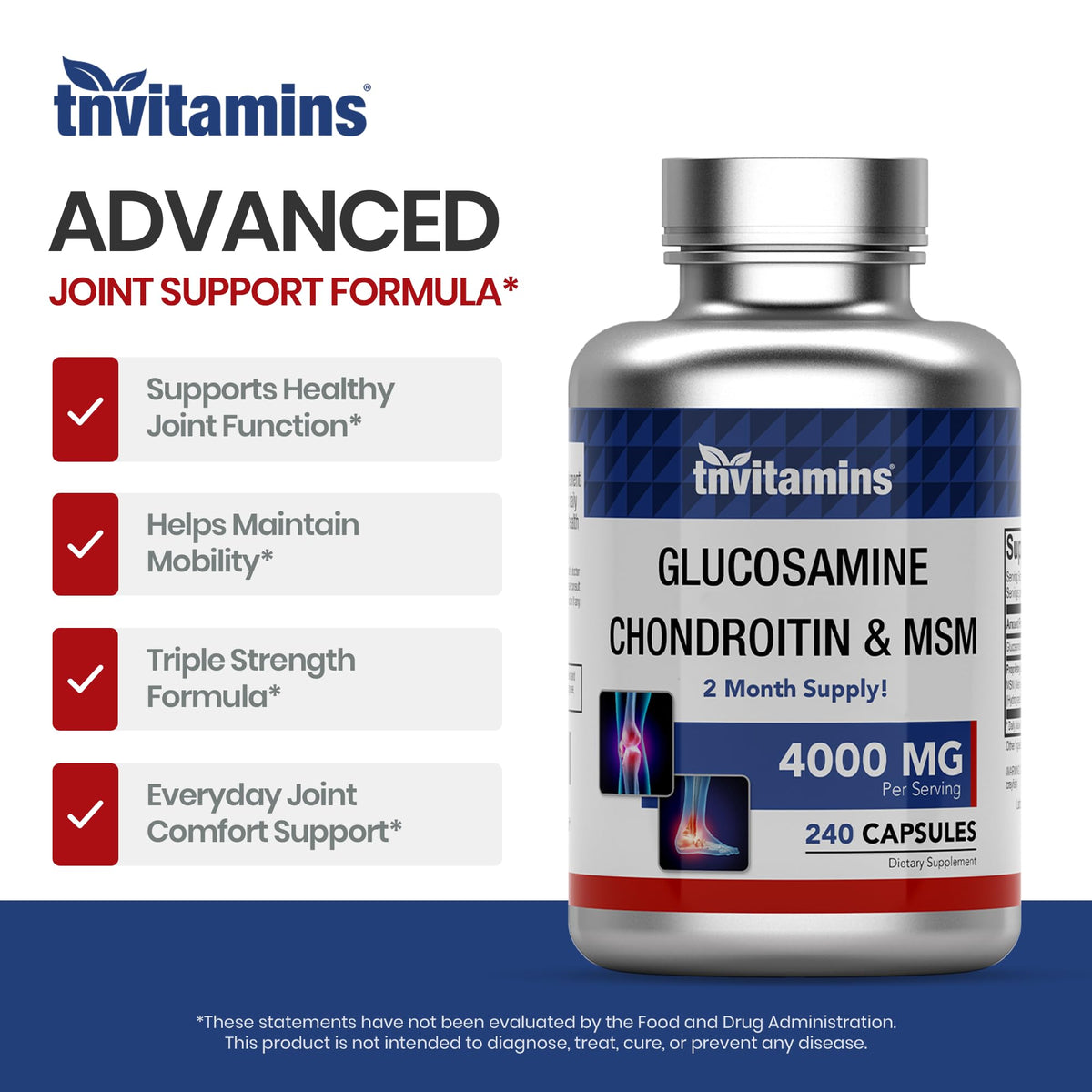 Glucosamine Chondroitin MSM 240 Capsules 4,000 mg Joint Support Supplement H7878