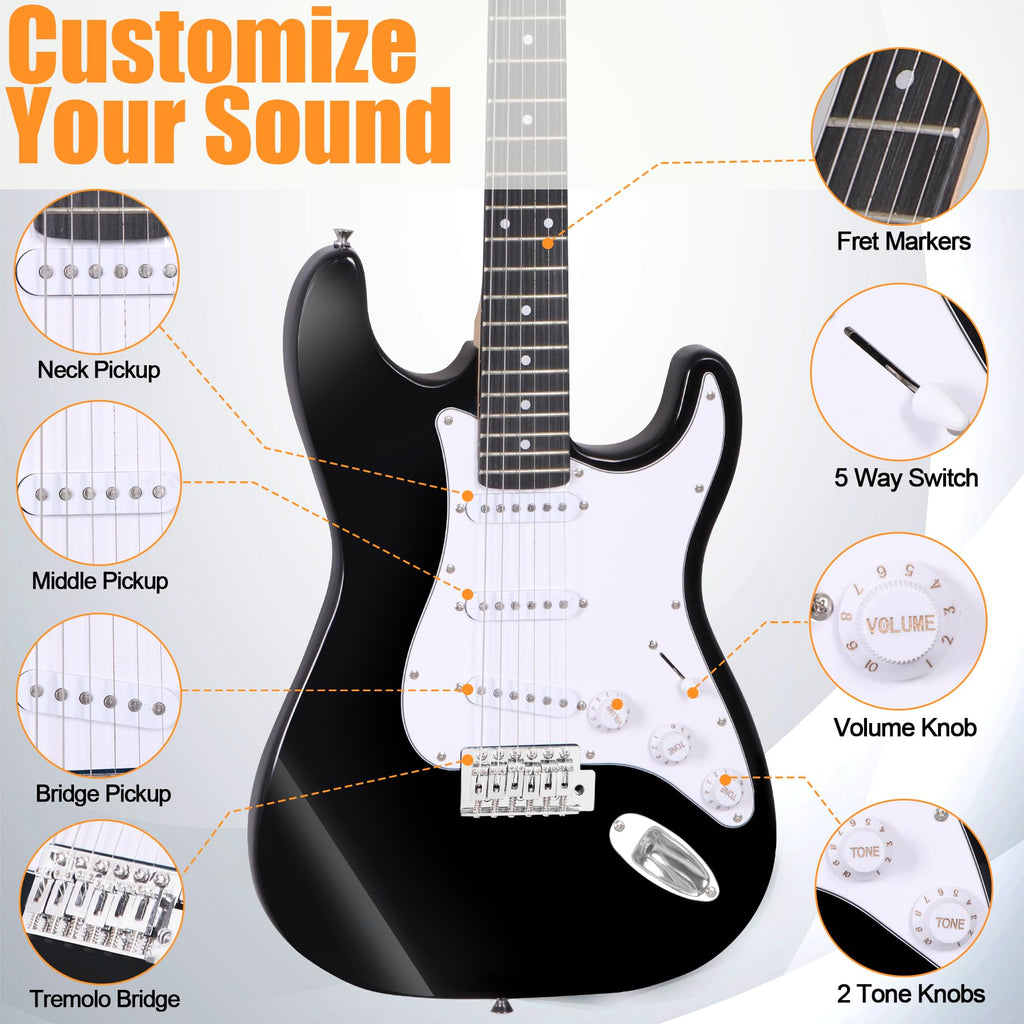 39in Full Size Electric Guitar with 10W Amp, Case and Accessories Pack, Black C3320