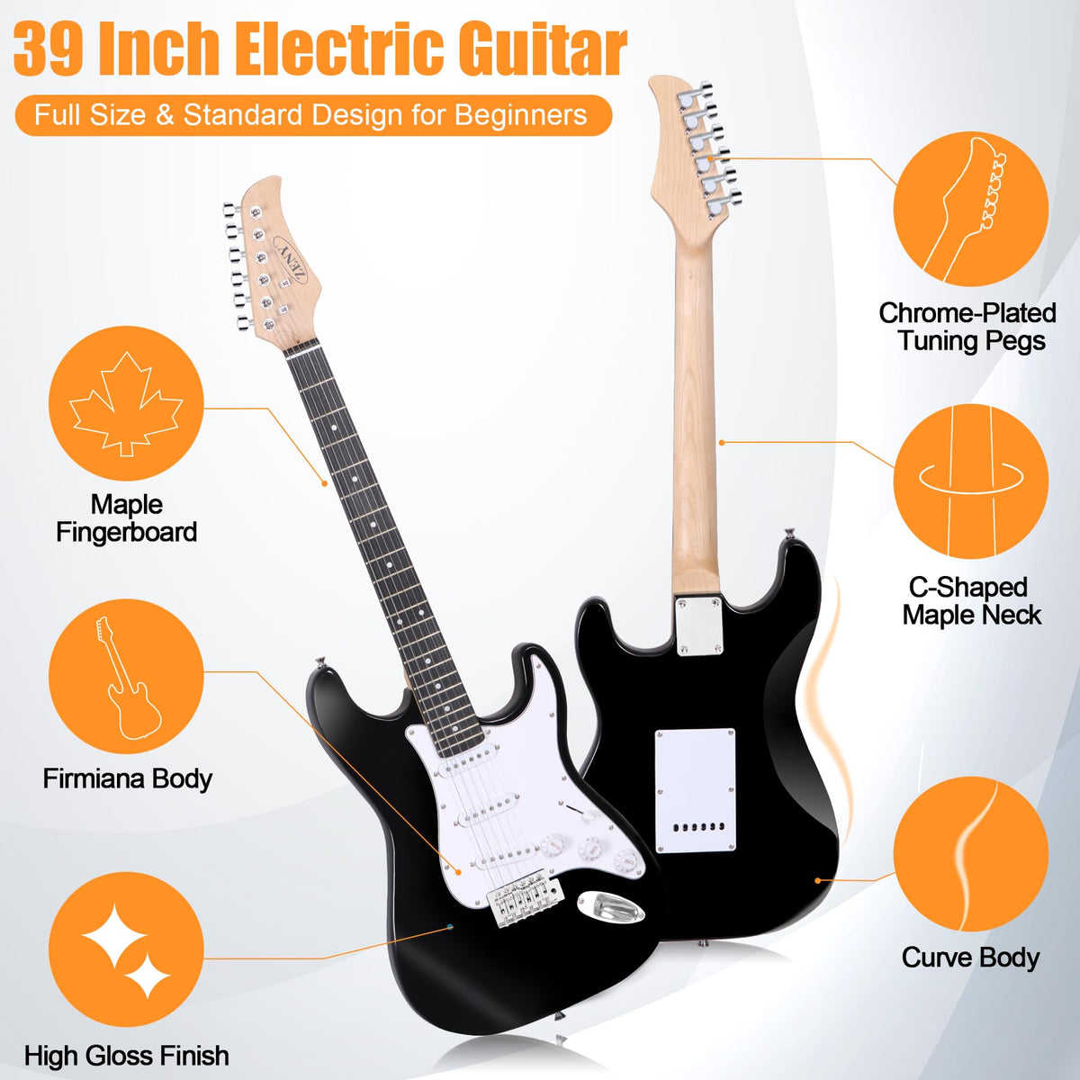 39in Full Size Electric Guitar with 10W Amp, Case and Accessories Pack, Black C3320