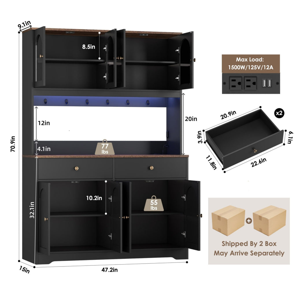 71" Black Kitchen Pantry Cabinet with Power Outlet U3518