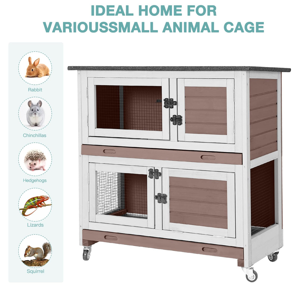 2-Tier Wooden Rabbit Hutch with Trays Wheels 36 Inch O984471