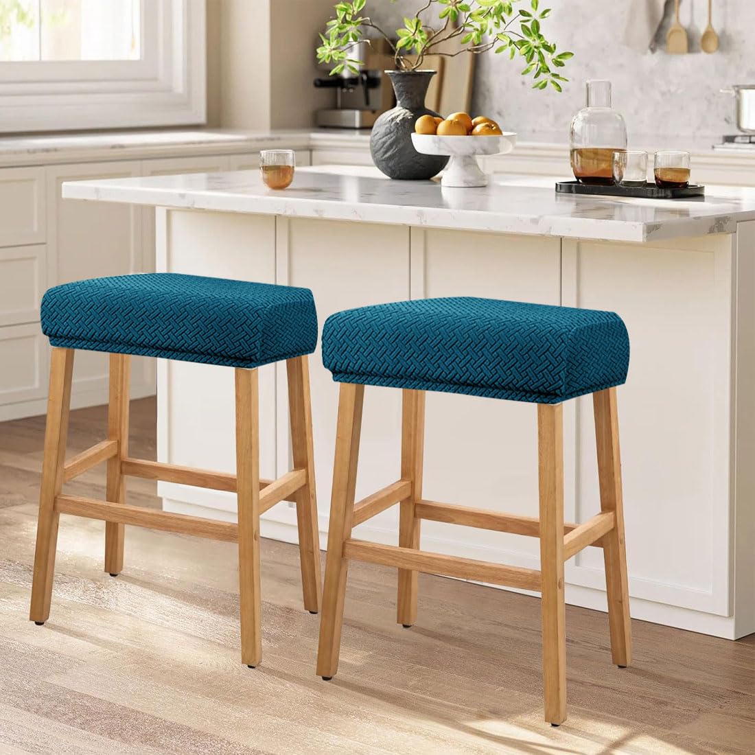 Set of 4 Deep Teal Jacquard Stretch Stool Covers C5239