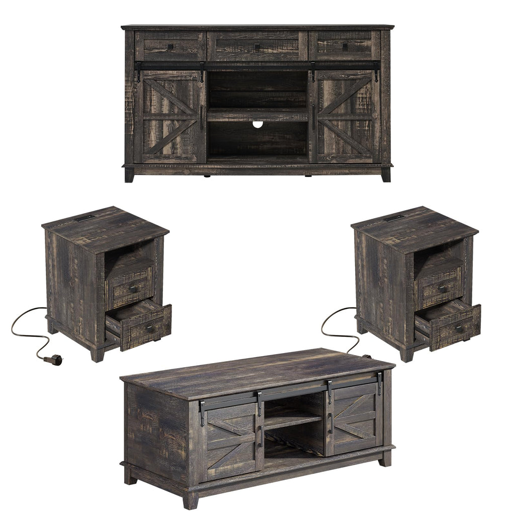 4 Piece Farmhouse Living Room Table Set with TV Stand Coffee Table and End Tables Q5263
