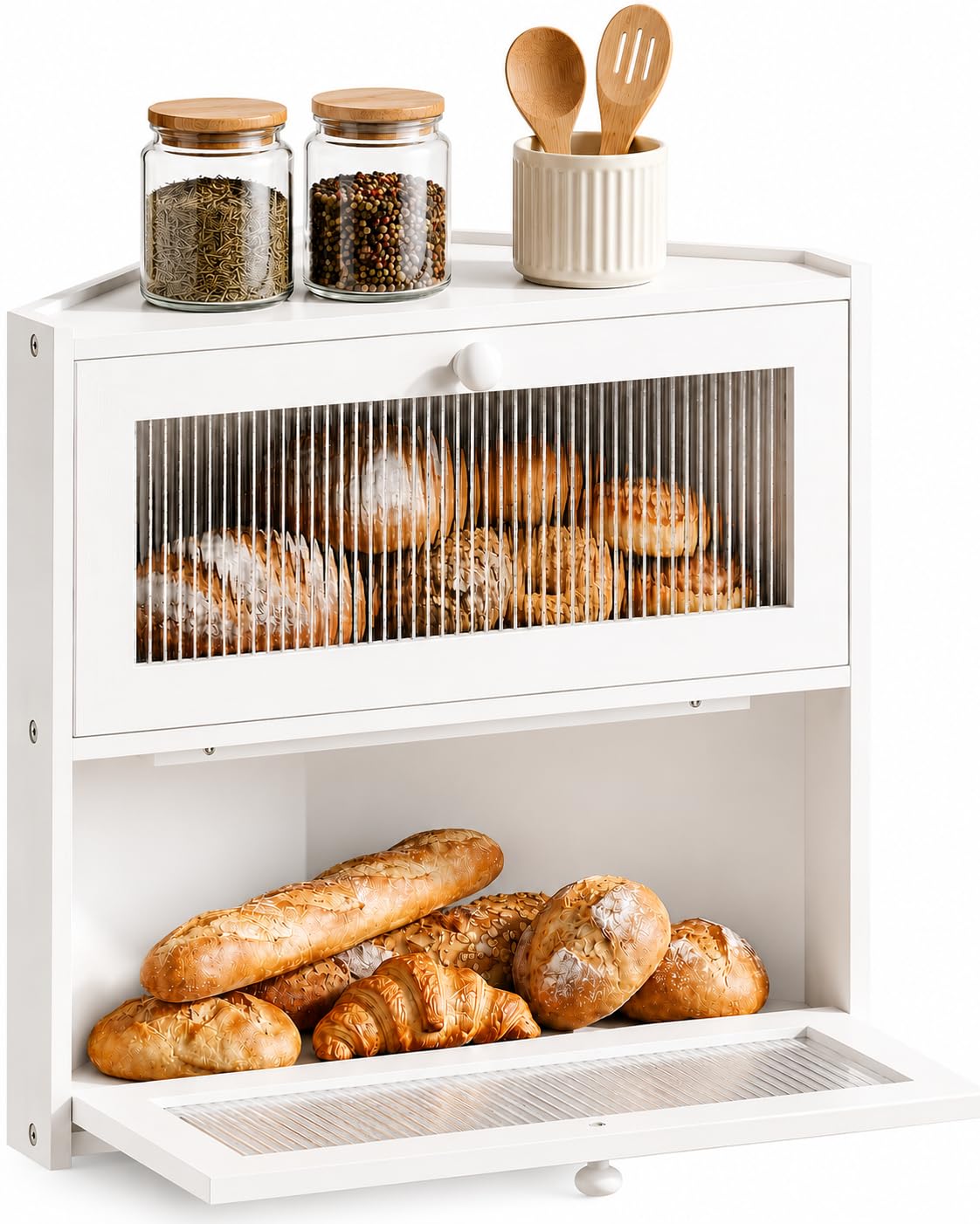 White Double Layer Bamboo Corner Bread Box P886