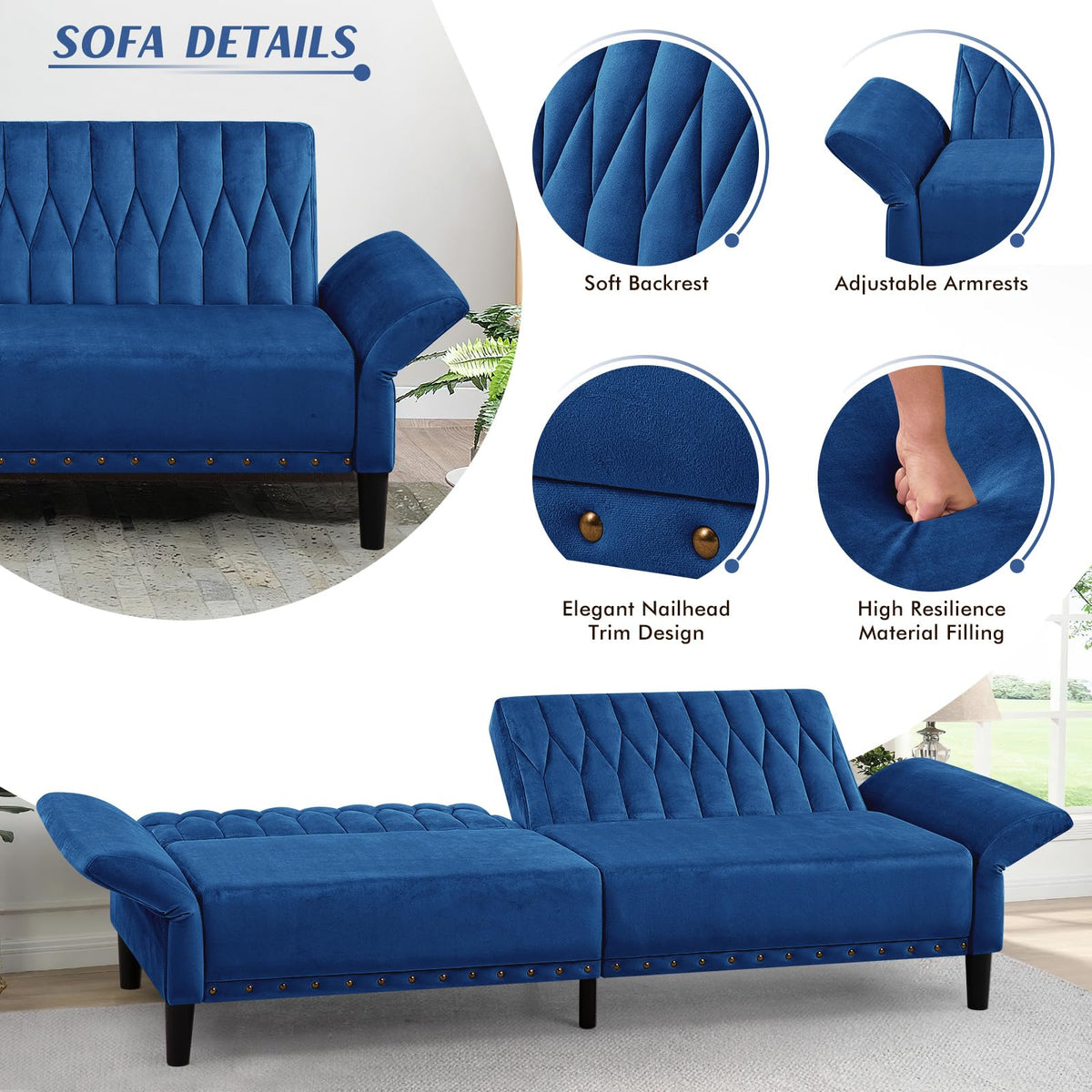 Blue Velvet Sofa Bed O54457