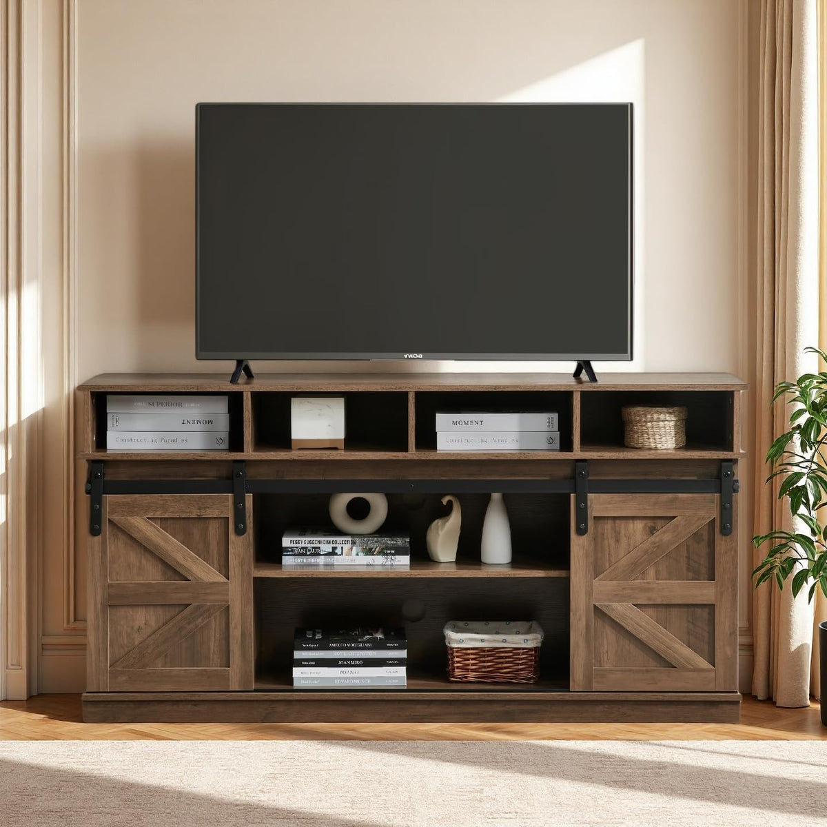 Brown TV Stand with Storage Cabinets & Sliding Barn Doors I955201