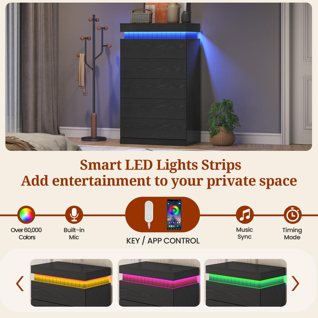 Black 6 Drawer Wood Dresser with LED Light and Power Outlet M712532