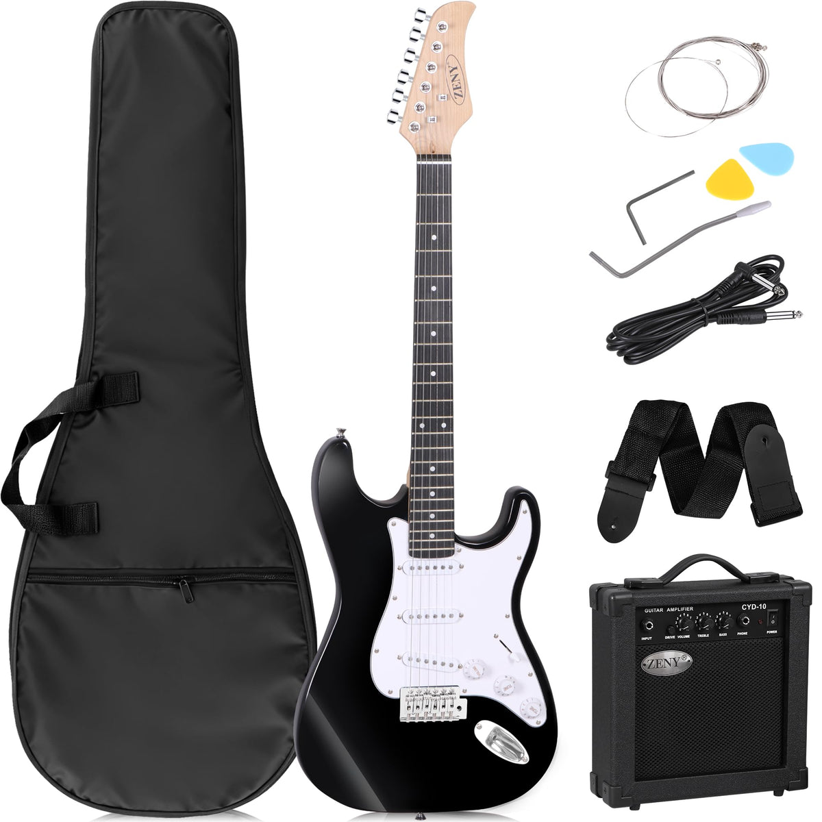 39in Full Size Electric Guitar with 10W Amp, Case and Accessories Pack, Black C3320