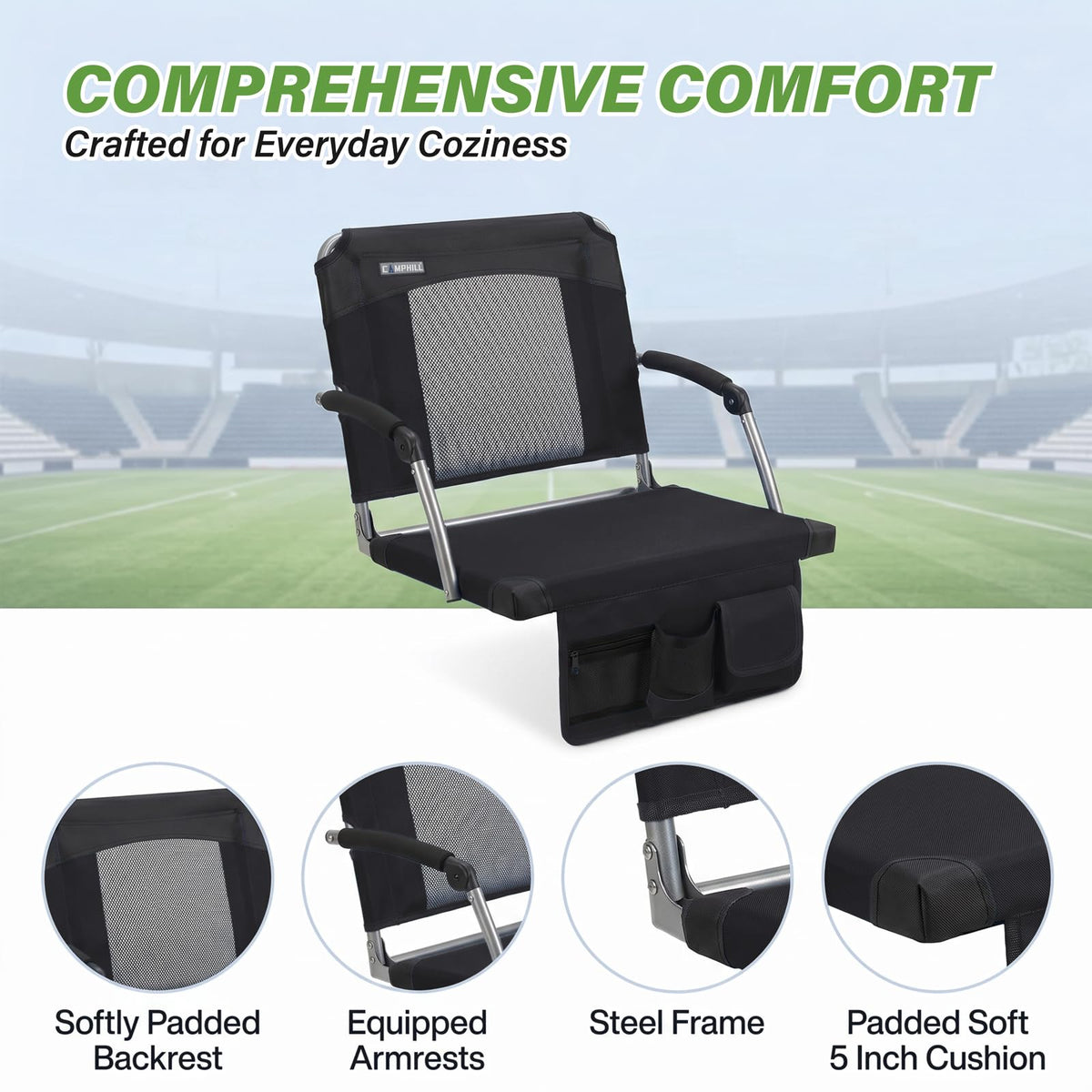 2 Pack Black Stadium Seats with Back Support & Armrests S999569