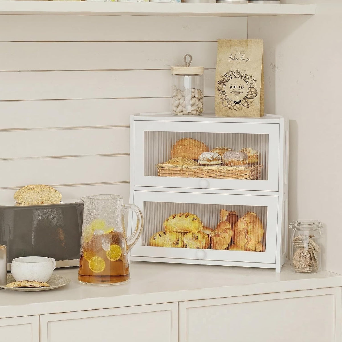White Double Layer Bamboo Corner Bread Box P886