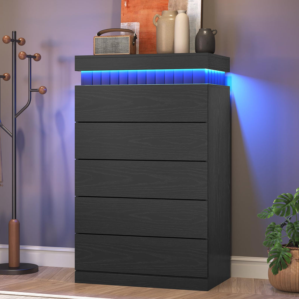 Black 6 Drawer Wood Dresser with LED Light and Power Outlet M712532