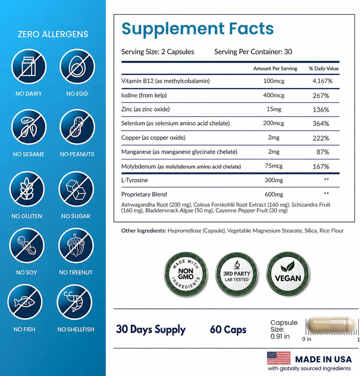 All Natural Thyroid Support Supplement with Iodine, B12, Zinc, Selenium, Ashwagandha - 60 Vegetarian Capsules N768